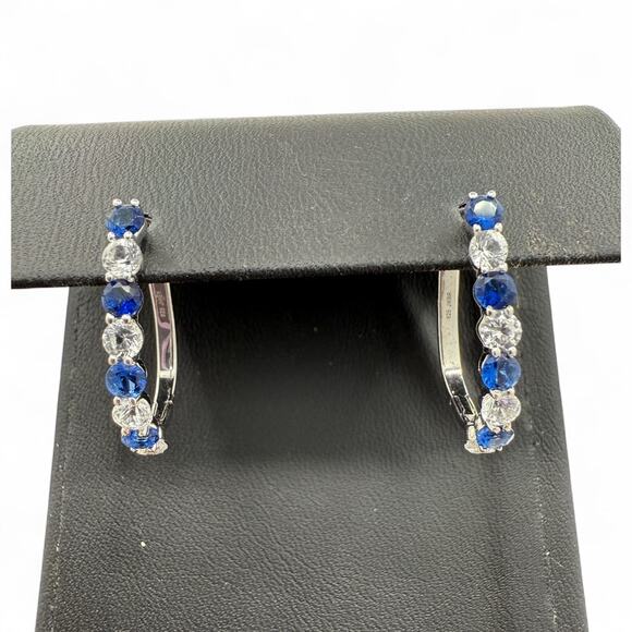 Blue Sapphire White Sapphire Leverback Earrings 925 Sterling Silver Hoop Huggie - Picture 1 of 8